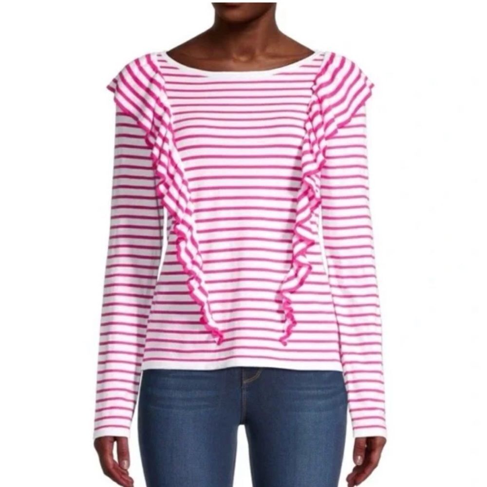 Lilly Pulitzer Ruth Ruffle Striped Sweater - Pink Tango Size M